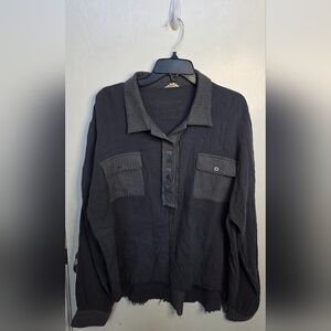 POL Navy Blue Oversized High Low Long Sleeve Henley Knit Top